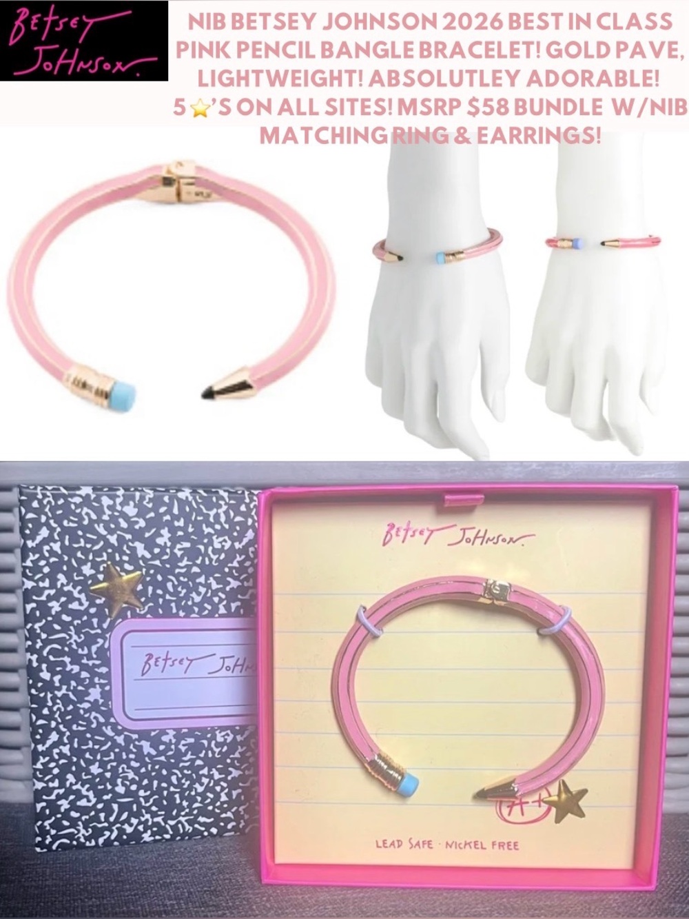 NWT BETSEY JOHNSON 2026 PINK PENCIL BANGLE BRACELET! OS! BUNDLE W/ NIB MATCHING